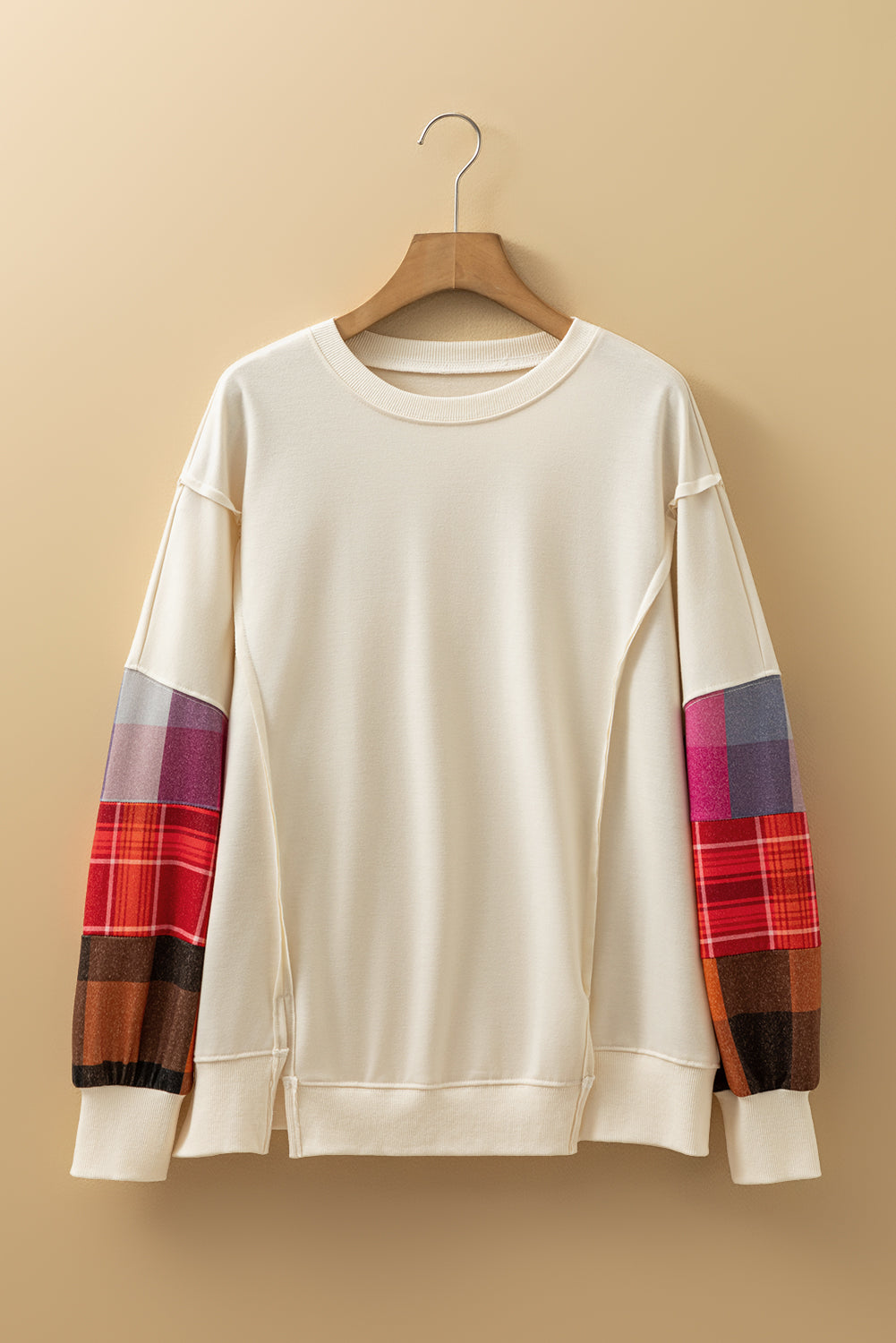 Beige Plus Size Multicolor Plaid Patchwork Sleeve Pullover Top