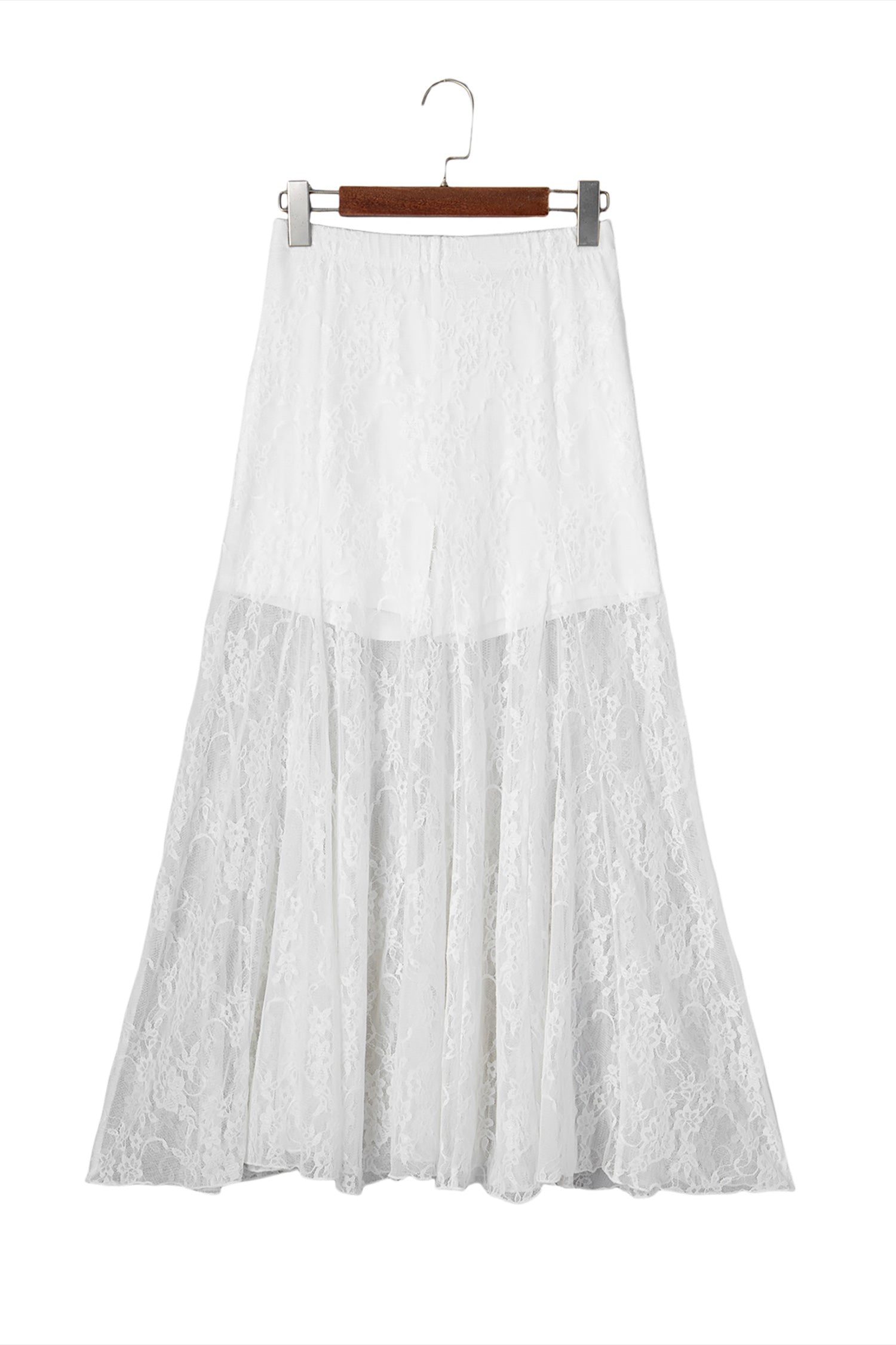 White Sheer Floral Lace Flowy Maxi Skirt