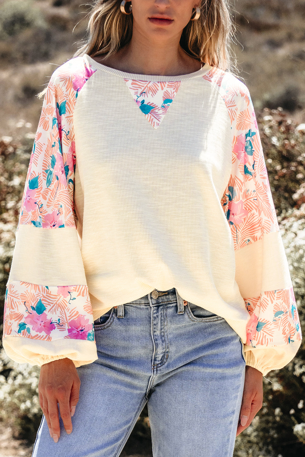 Apricot Plus Size Floral Patchwork Ribbed Puff Sleeve Top