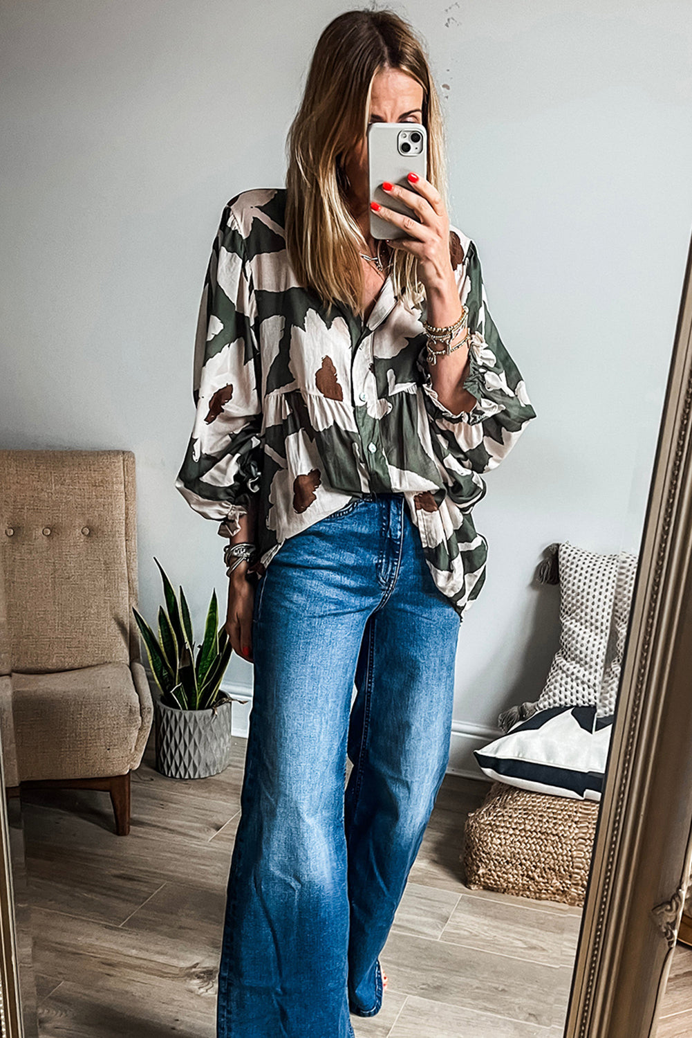 Sail Blue Abstract Floral Print Puff Sleeve Half Button Blouse