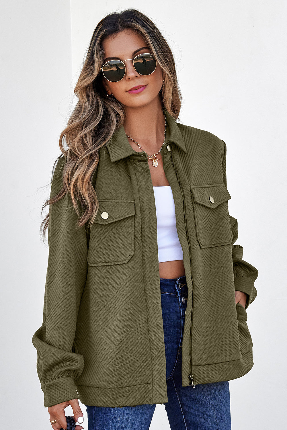 Coffee Solid Color Zip Up Button Flap Pocket Shirt Collar Jackets