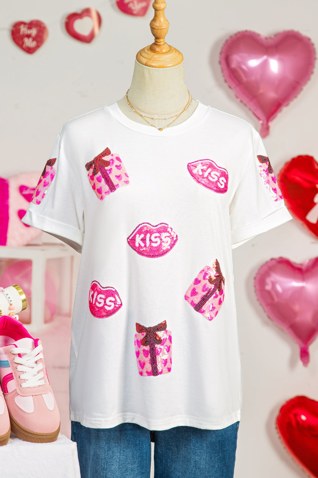 White Valentines Gift Kiss Lip Sequin Graphic T Shirt