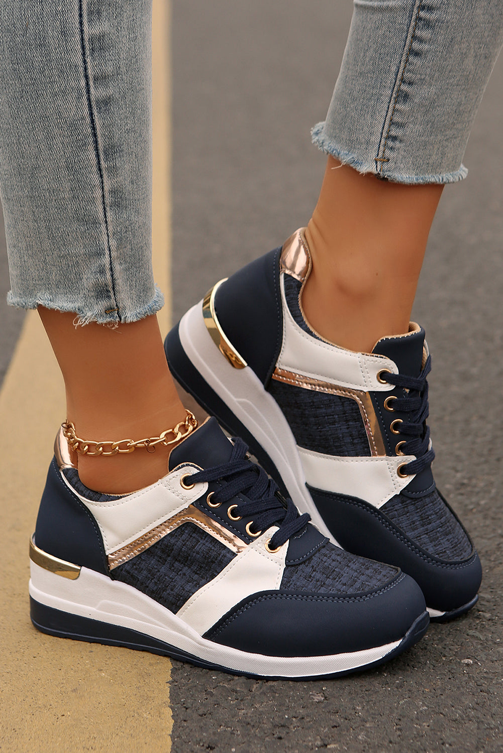 Blackish Green Glitter Patched Lace-up Wedge Sneakers