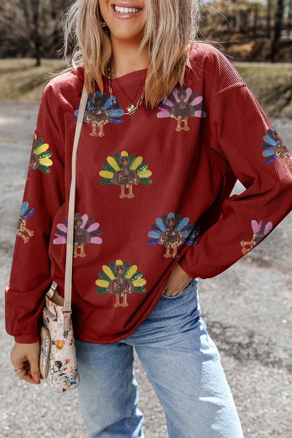 Orange Turkey Graphic Corded Baggy Sweatshirt