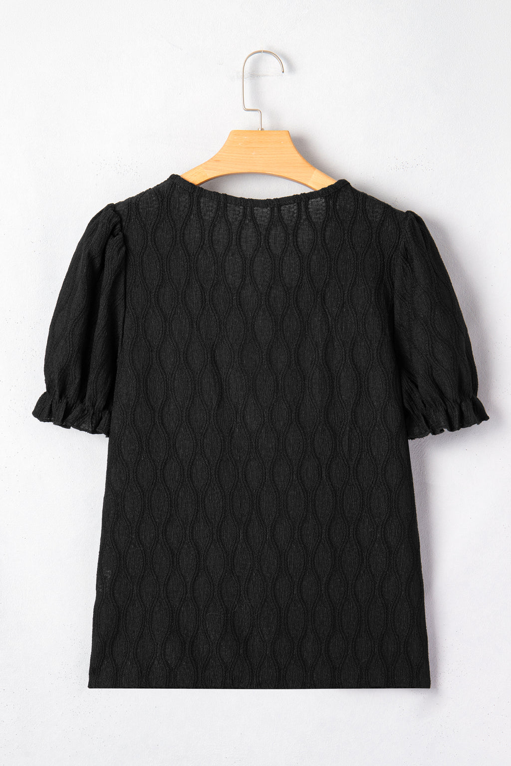 Beau Blue Solid Color Textured Notched Neck Puff Sleeve Blouse
