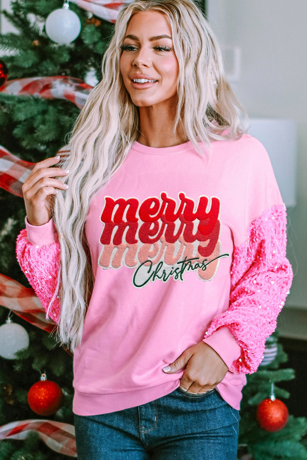Pink Shiny Father Christmas Graphic Sequin Long Sleeve Top