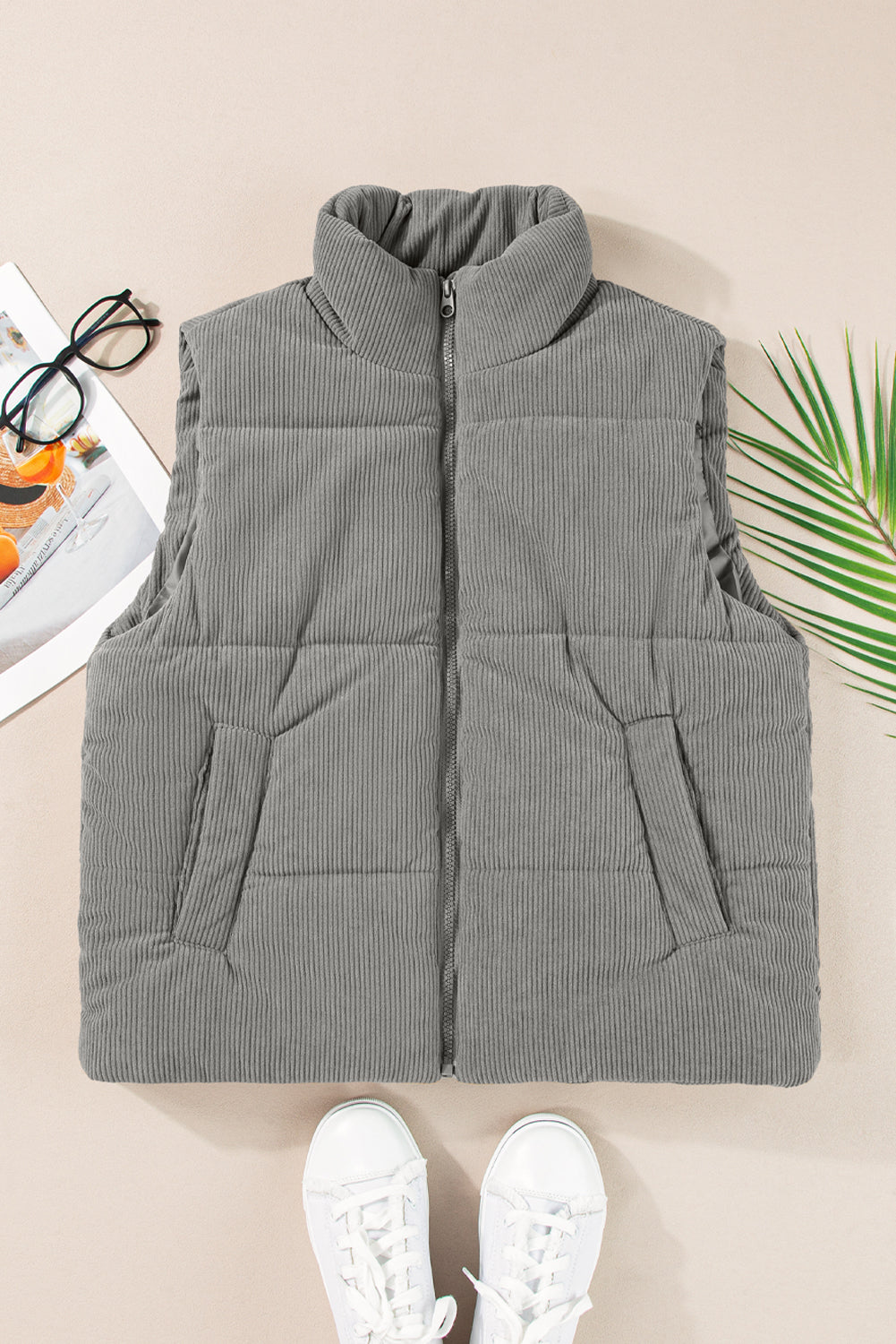 Beige Corduroy Stand Neck Zipped Puffer Vest