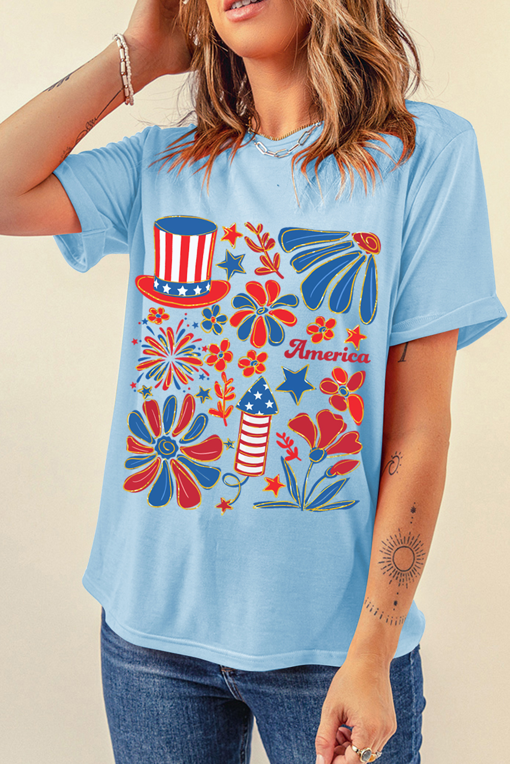 Light Blue America Floral Firework Print 4th of July T Shirt