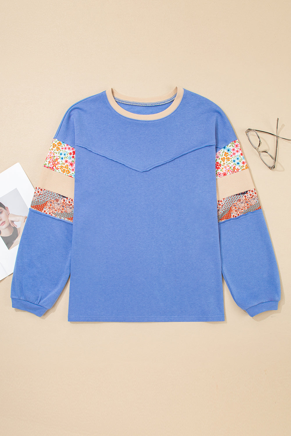 Khaki Exposed Seam Floral Mixed Patchwork Relaxed Plus Size Top