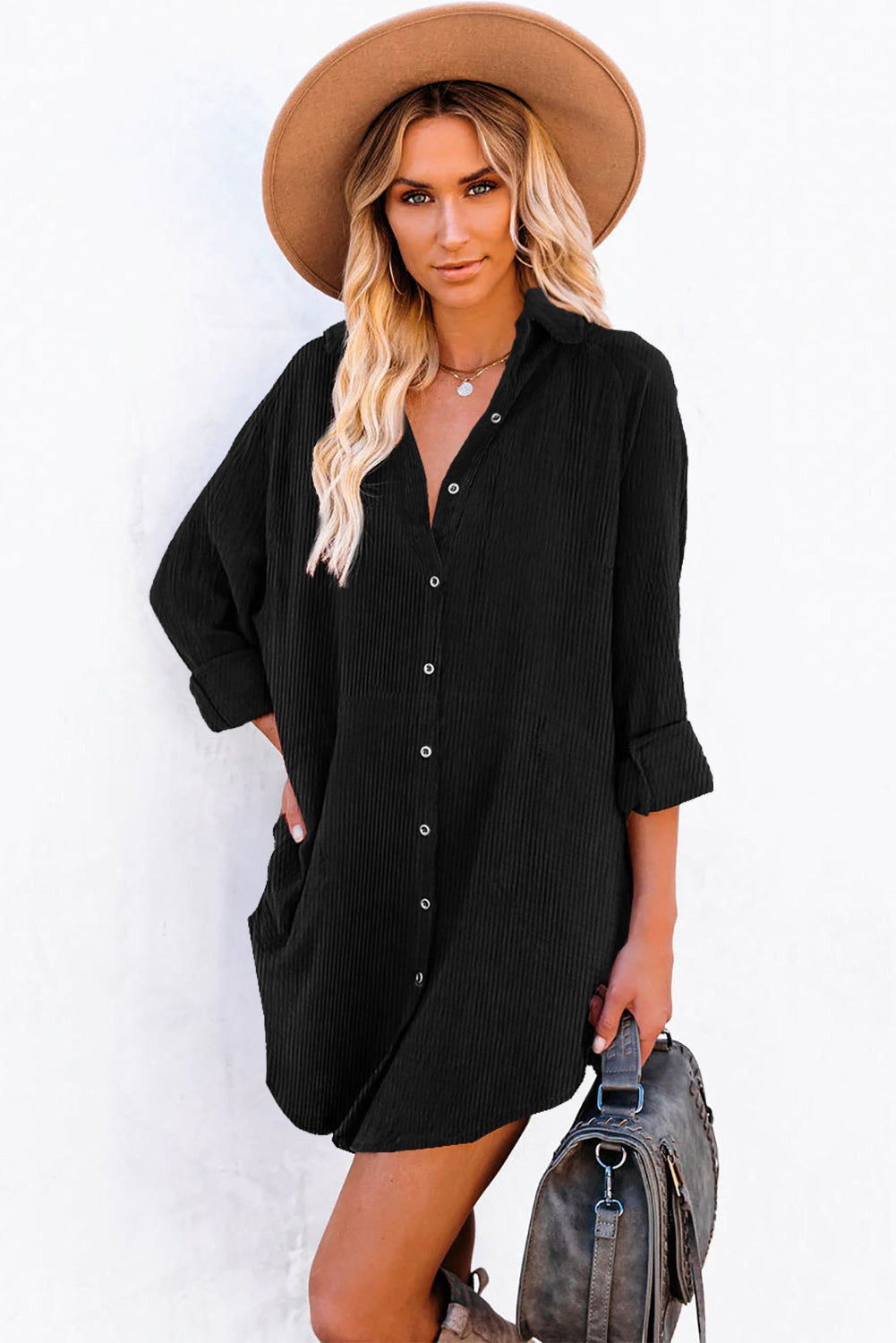 Blue Corduroy Shirt Style Full Button Long Sleeve Shift Mini Dress