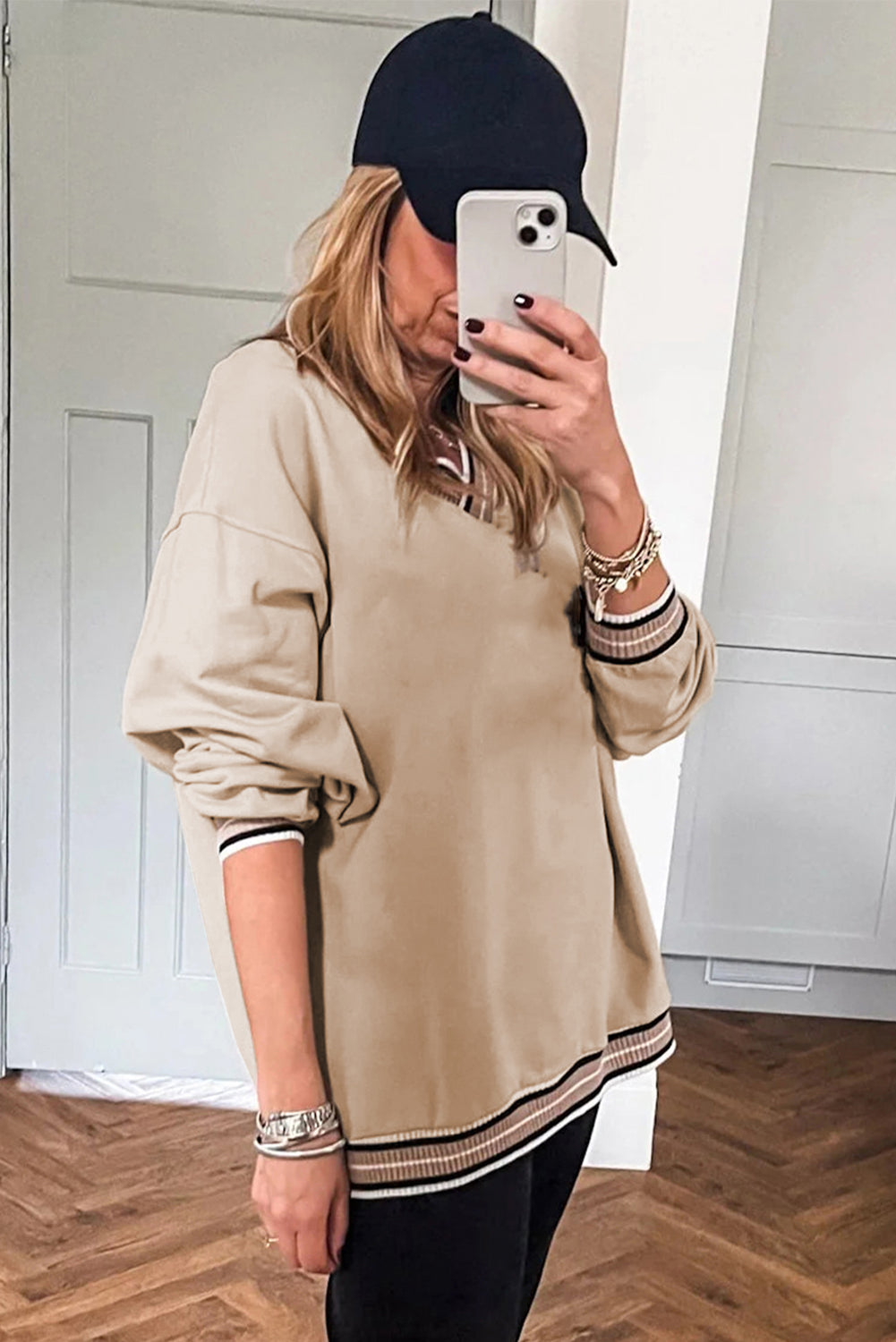 Gray Varsity Contrast Striped Trim V Neck Sweatshirt