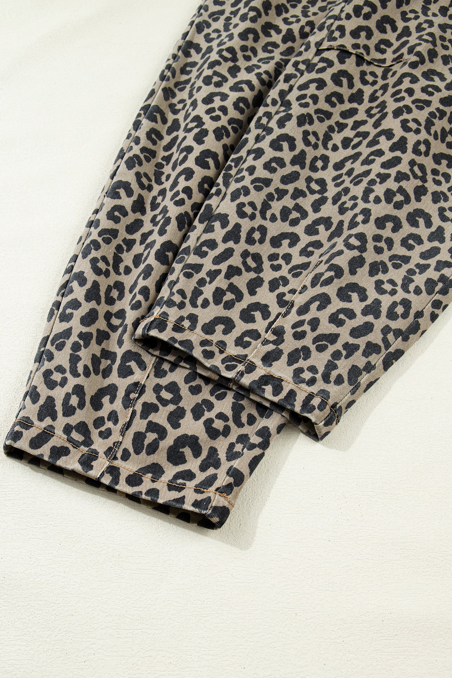 Khaki Leopard Print Drawstring Elastic Waist Loose Denim Pants with Pockets