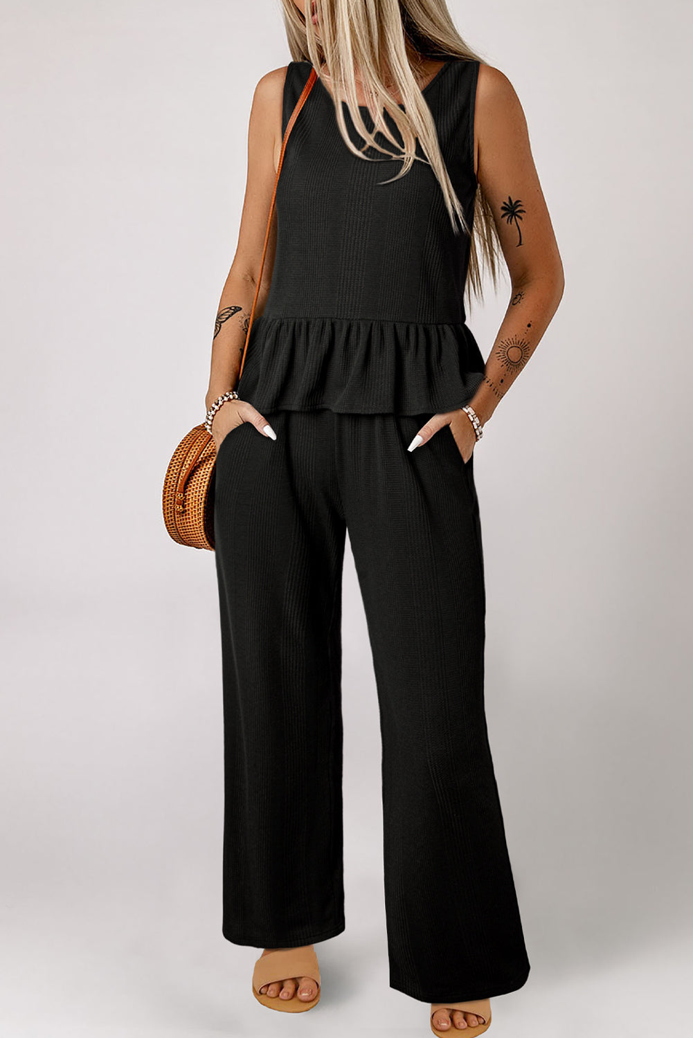 Beau Blue Solid Color Ribbed Ruffle Tank Top and Pants Set