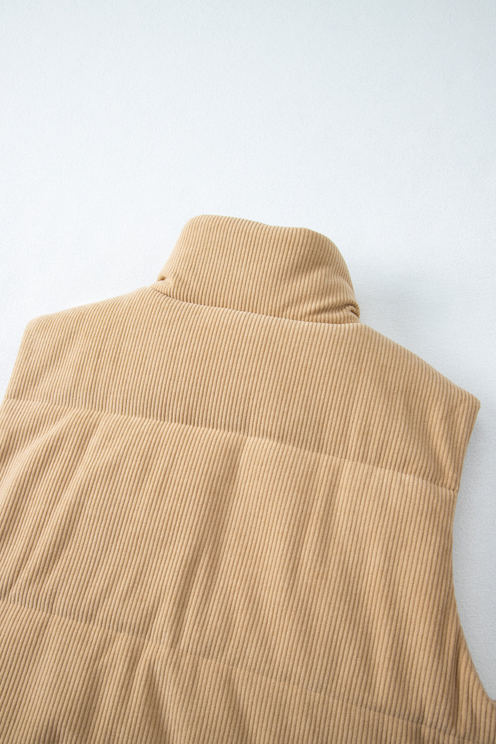 Beige Corduroy Stand Neck Zipped Puffer Vest