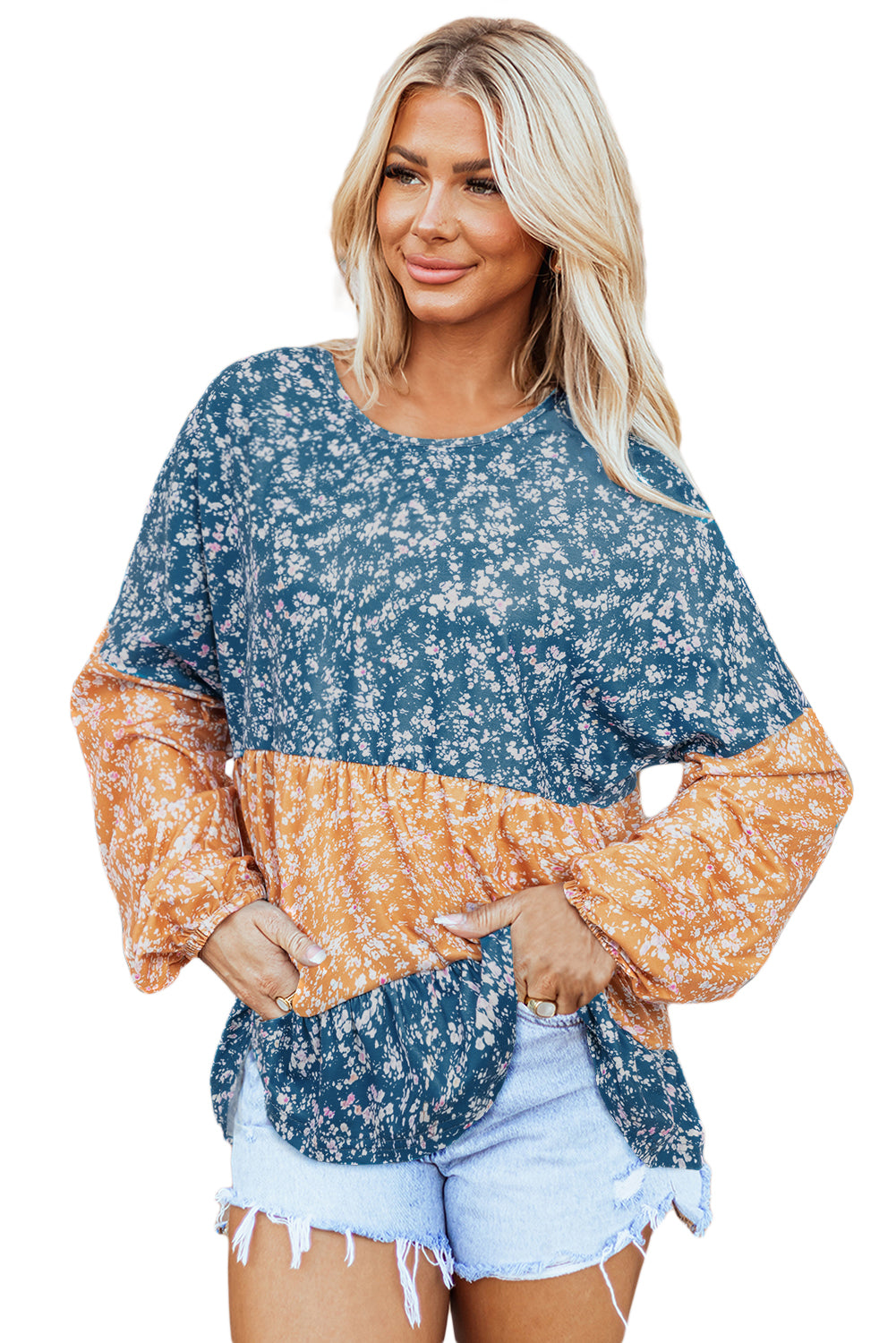 Orange Floral Color Block Patchwork Ruffled Hem Round Neck Blouse