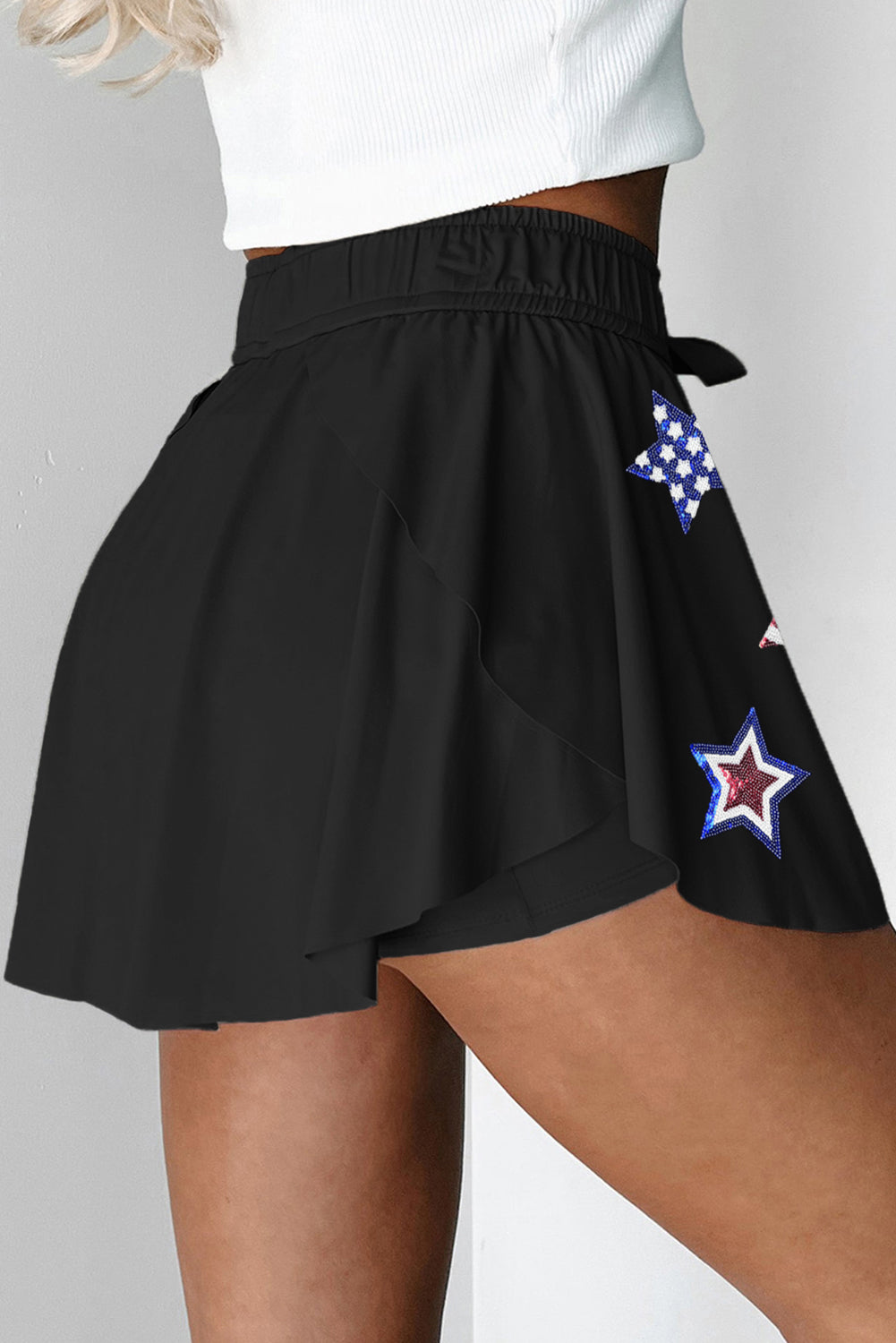 Black Sequined Flag Star Active Mini Skort
