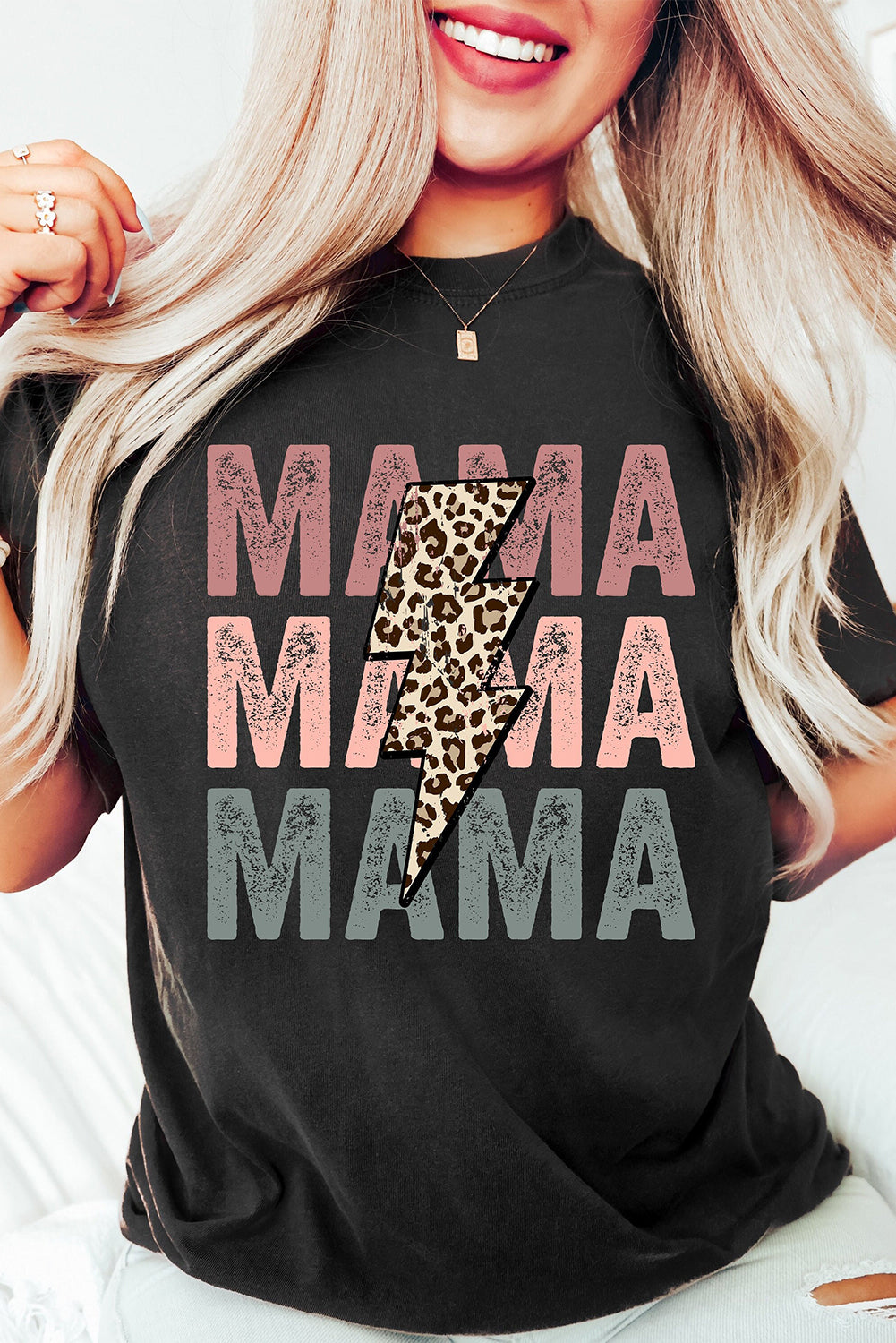 White MAMA Floral Block Graphic Casual T Shirt