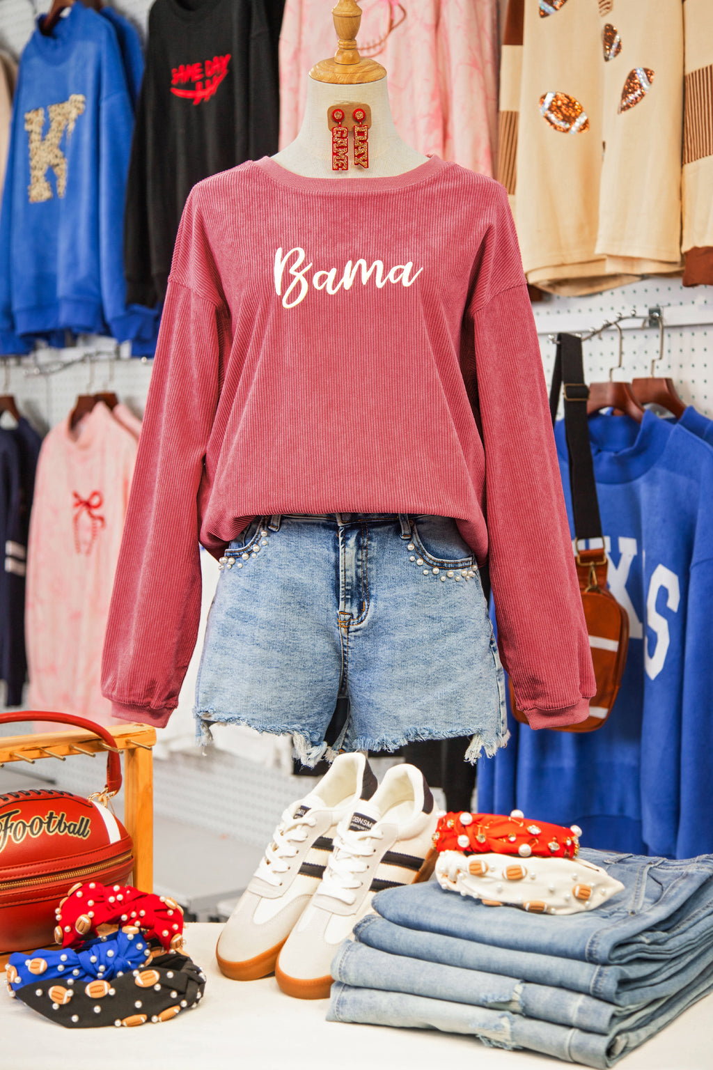 Strawberry Pink Corded Ribbed Bama Embroidered Letter Graphic Sweatshirt