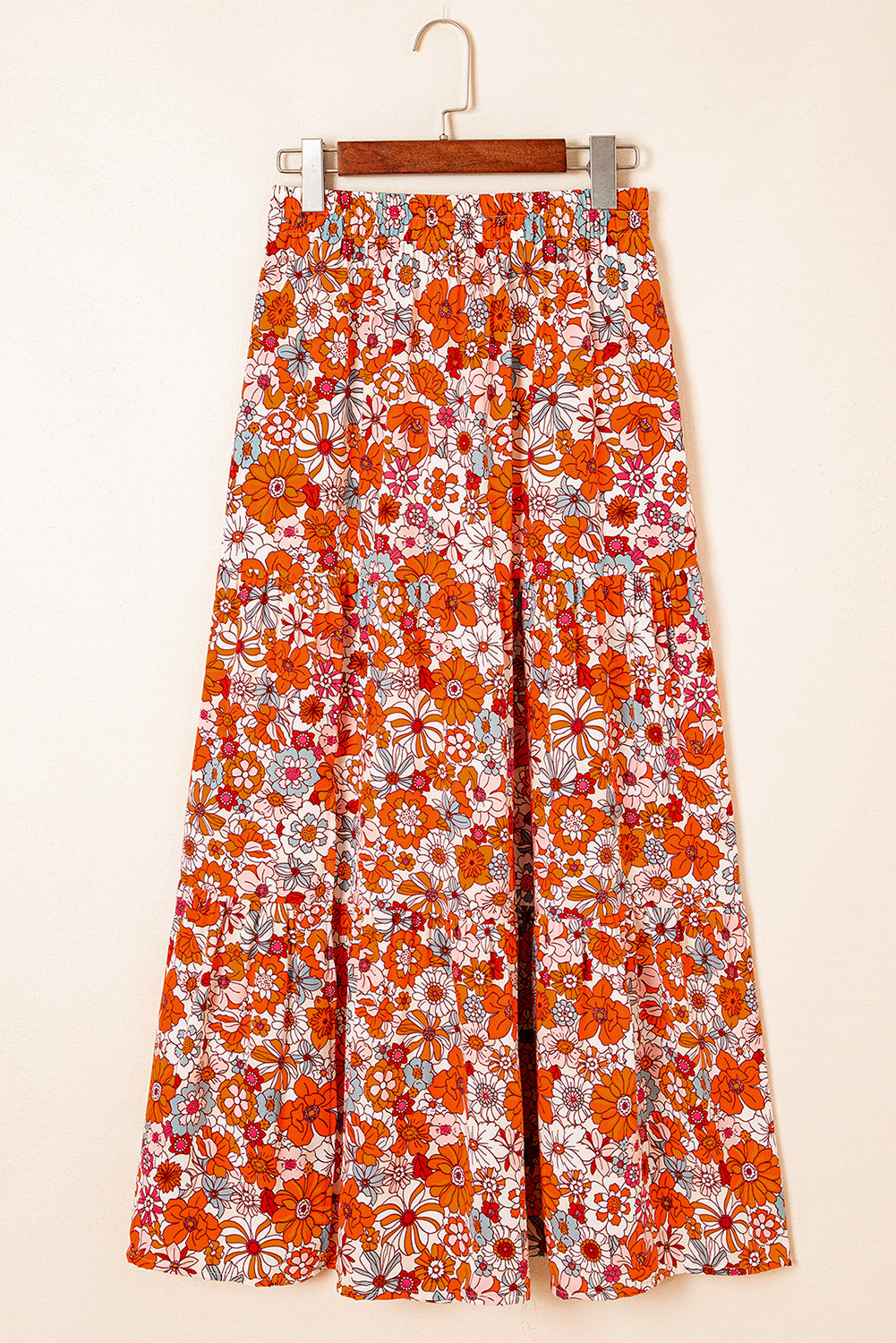 Orange Bohemian Floral Print Tiered Maxi Skirt with Split
