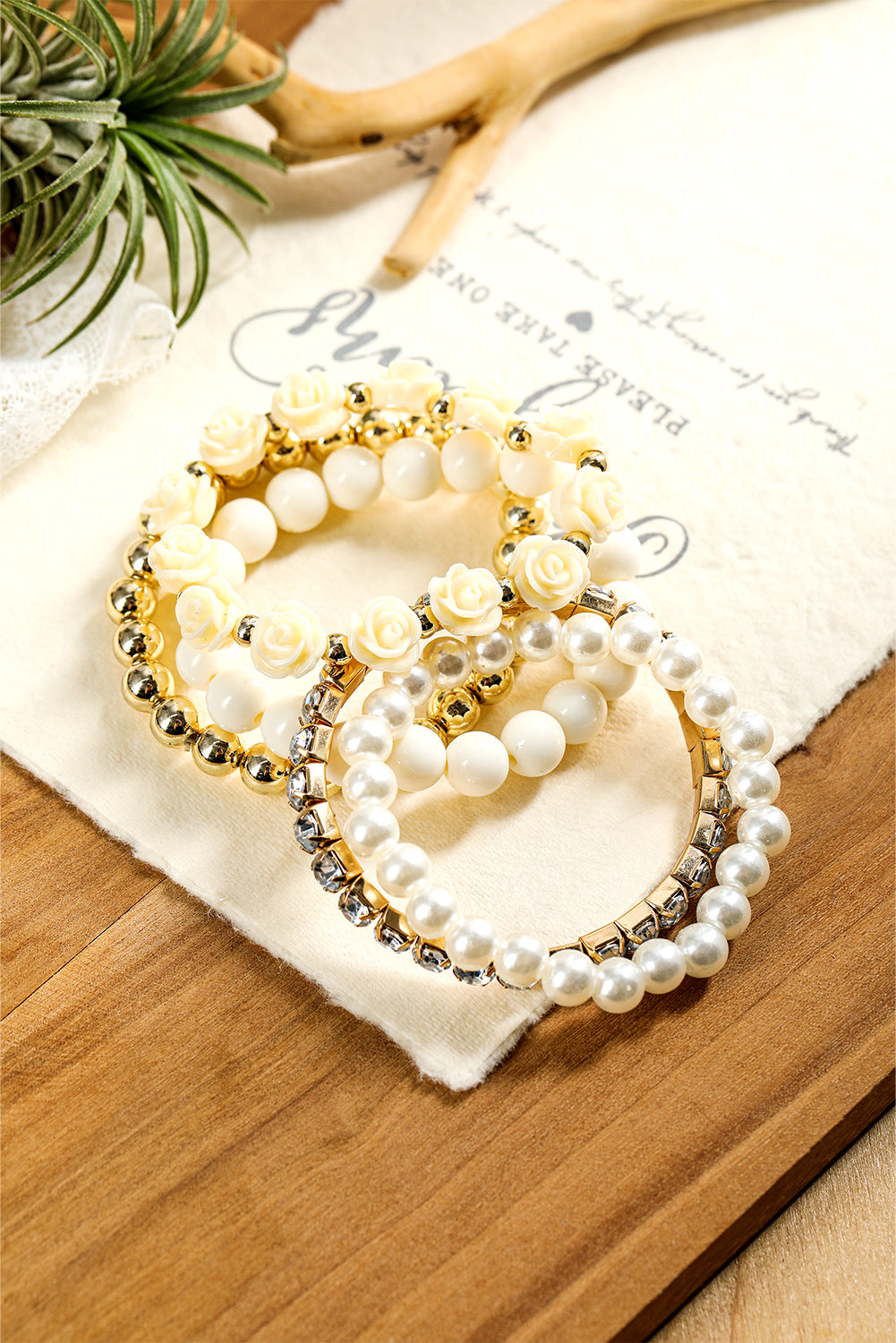 Black Flower Rhinestone Beaded Multi Layer Bracelet Set