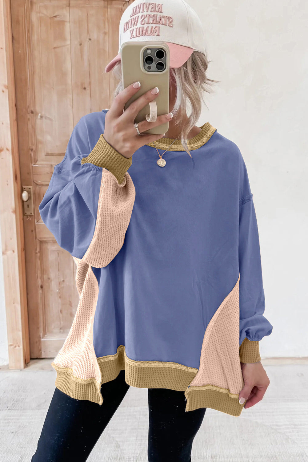 Light Pink Color Block Mix Texture Waffle Patchwork Oversize Sweatshirt