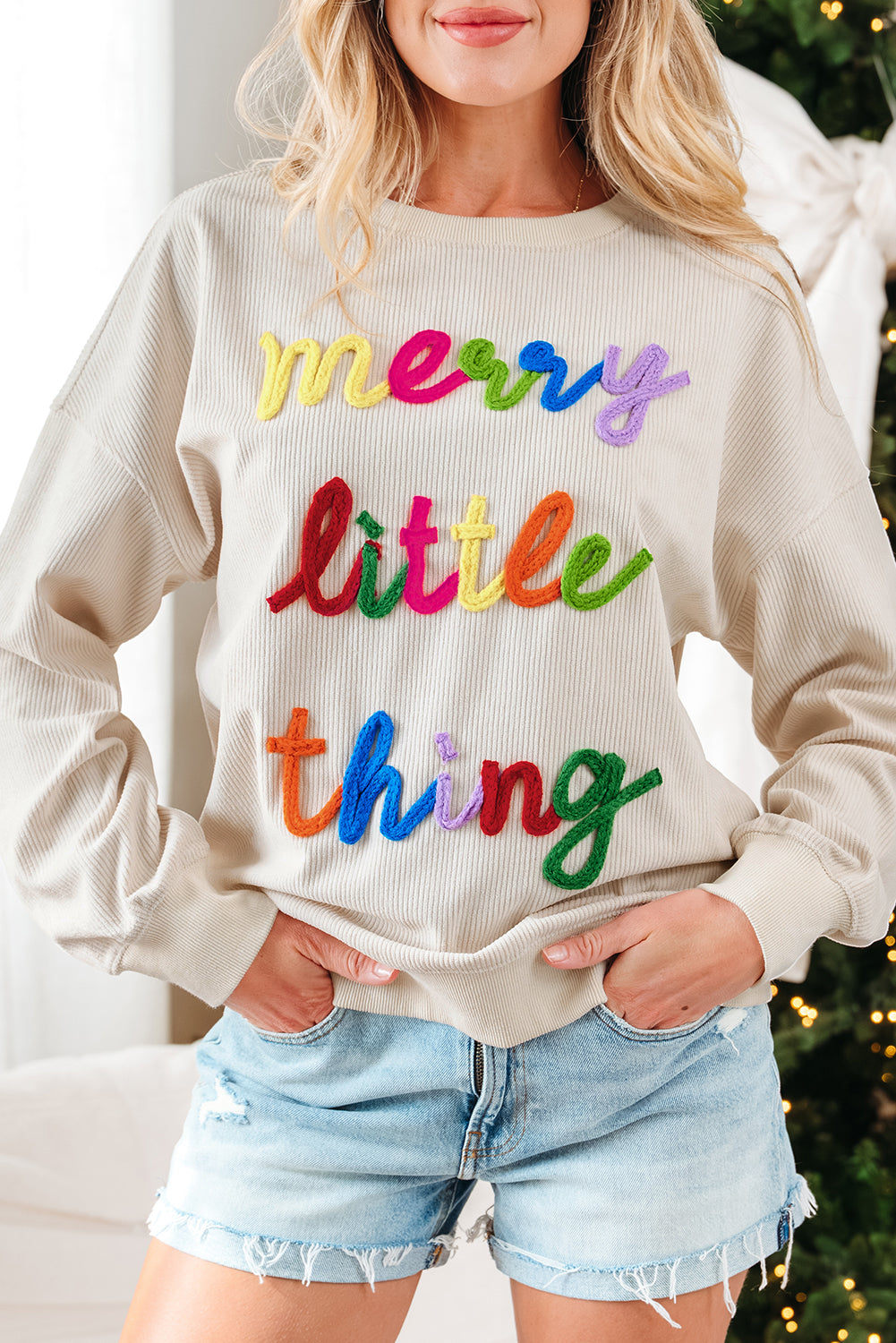 Dark Green merry little thing Corded Letter Graphic Ribbed Loose Sweatshirt