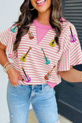 Sachet Pink Striped Guitar Patched Ruffle Short Sleeve Crossed Seam Blouse
