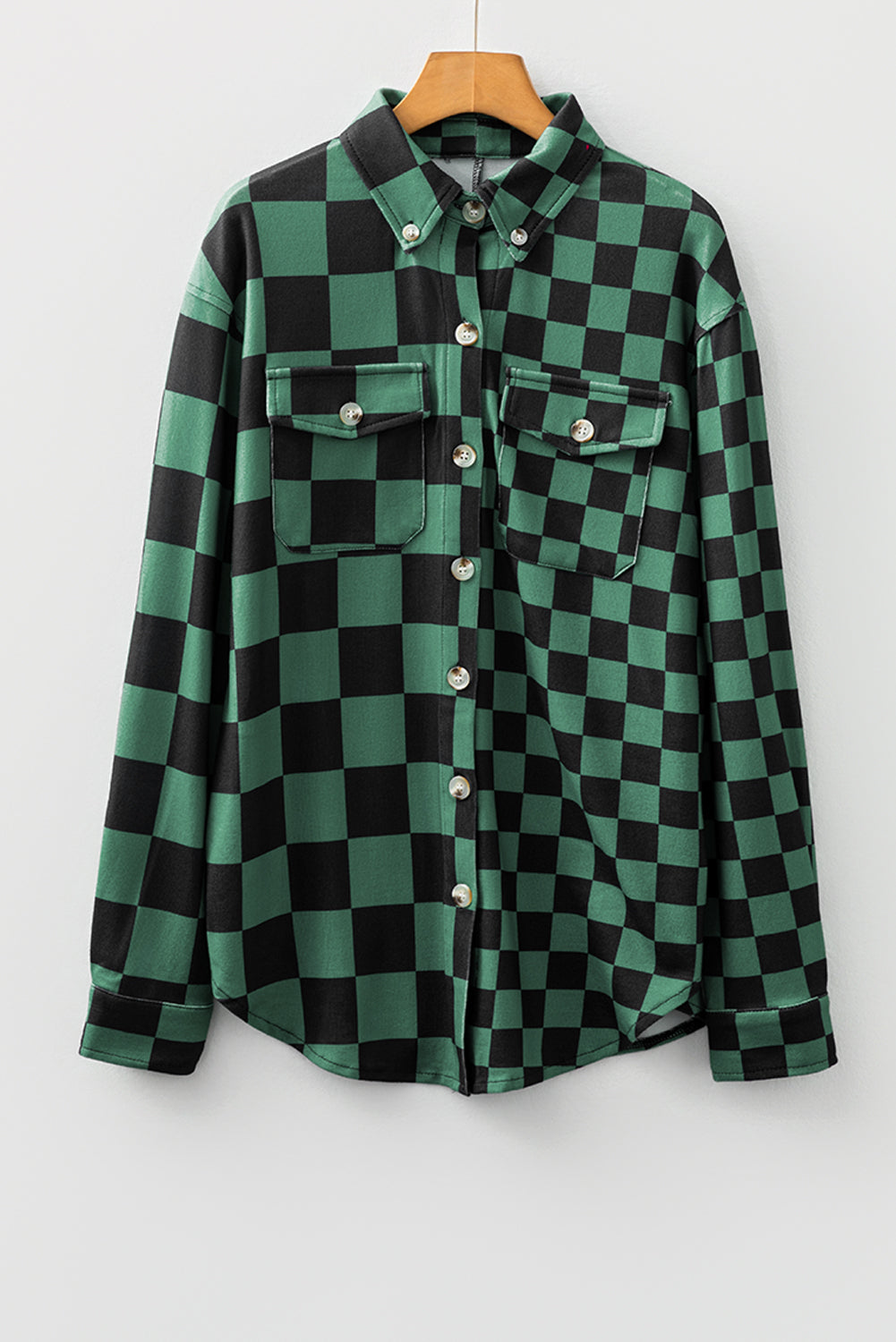 Khaki Checkerboard Flap Pocket Button Front Shacket