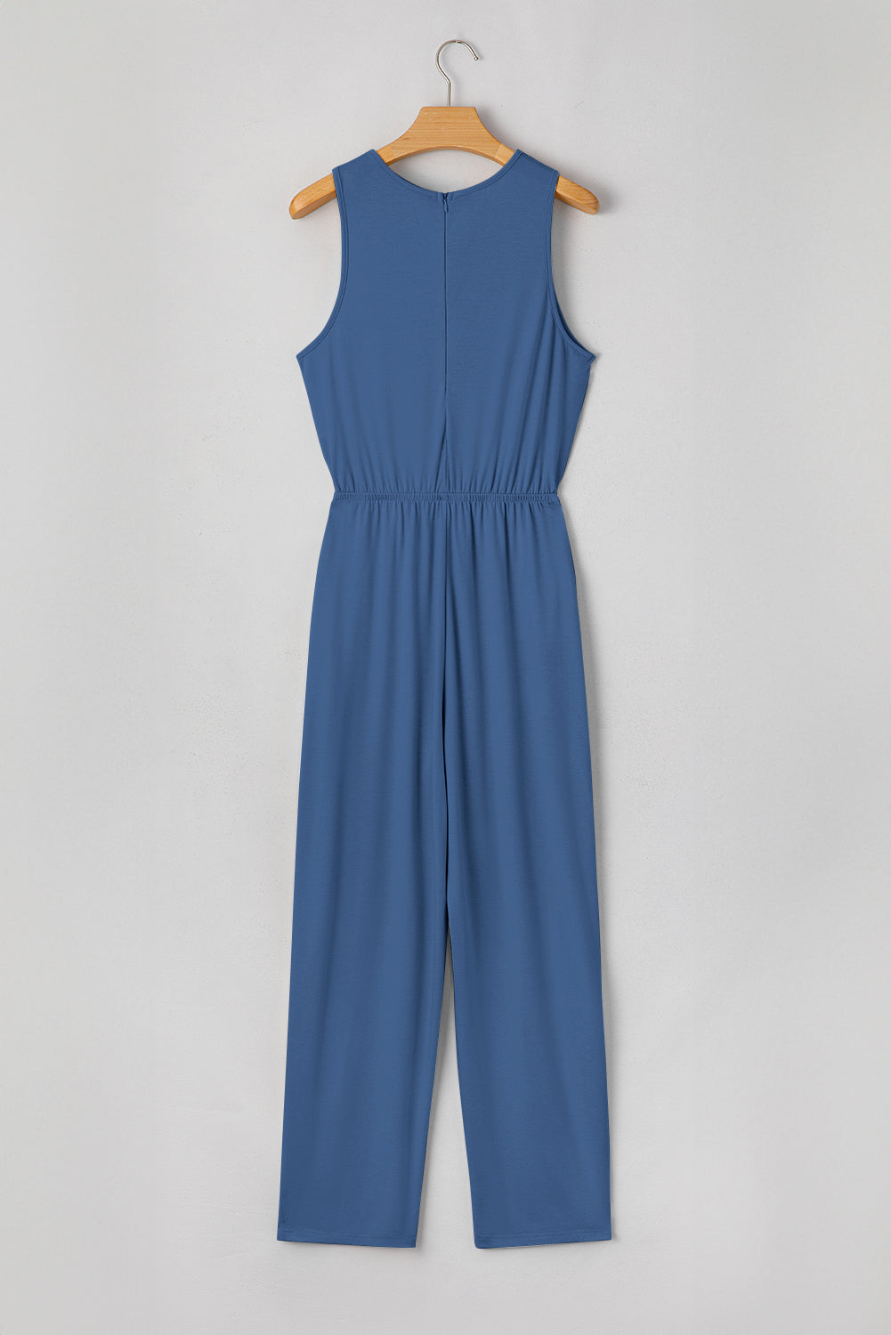 Four Leaf Clover Solid Color Pleated Detail Elastic Waist Sleeveless Jumpsuit