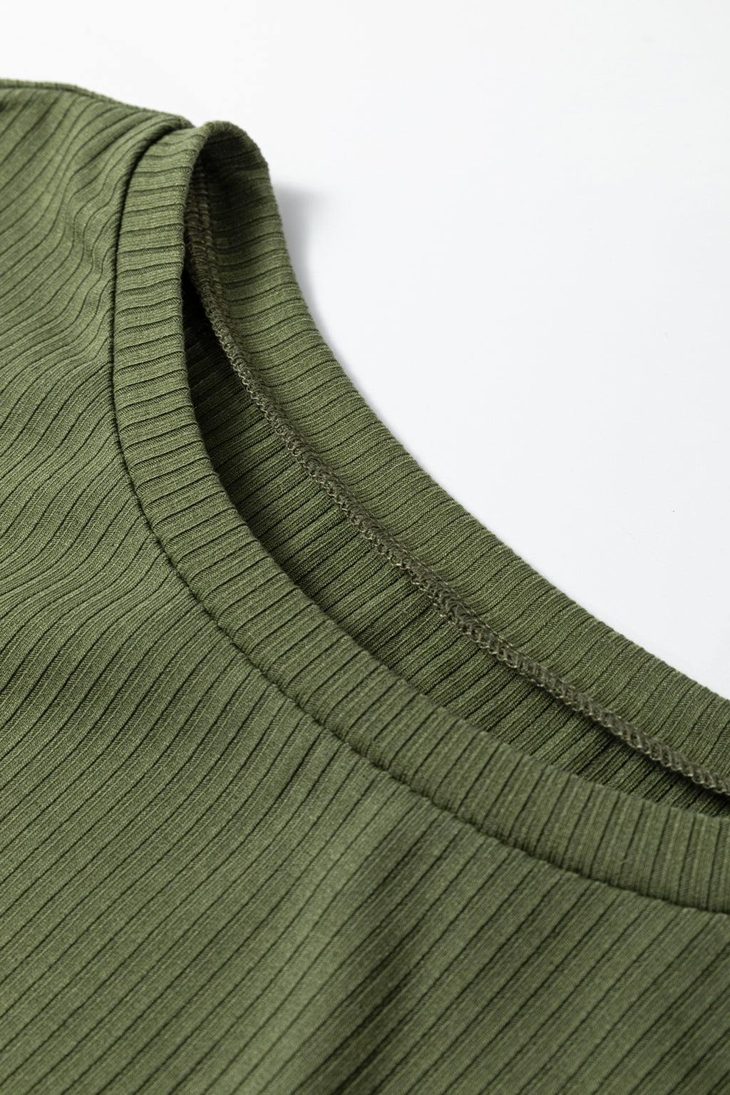 Blackish Green Solid Color Ribbed Ruffled Short Sleeve T Shirt