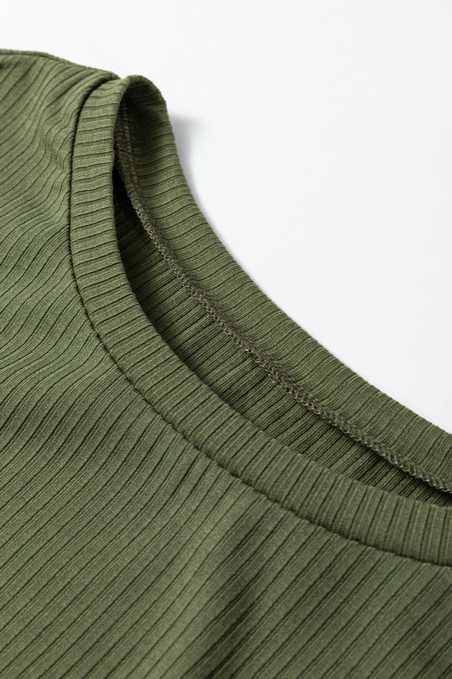 Blackish Green Solid Color Ribbed Ruffled Short Sleeve T Shirt