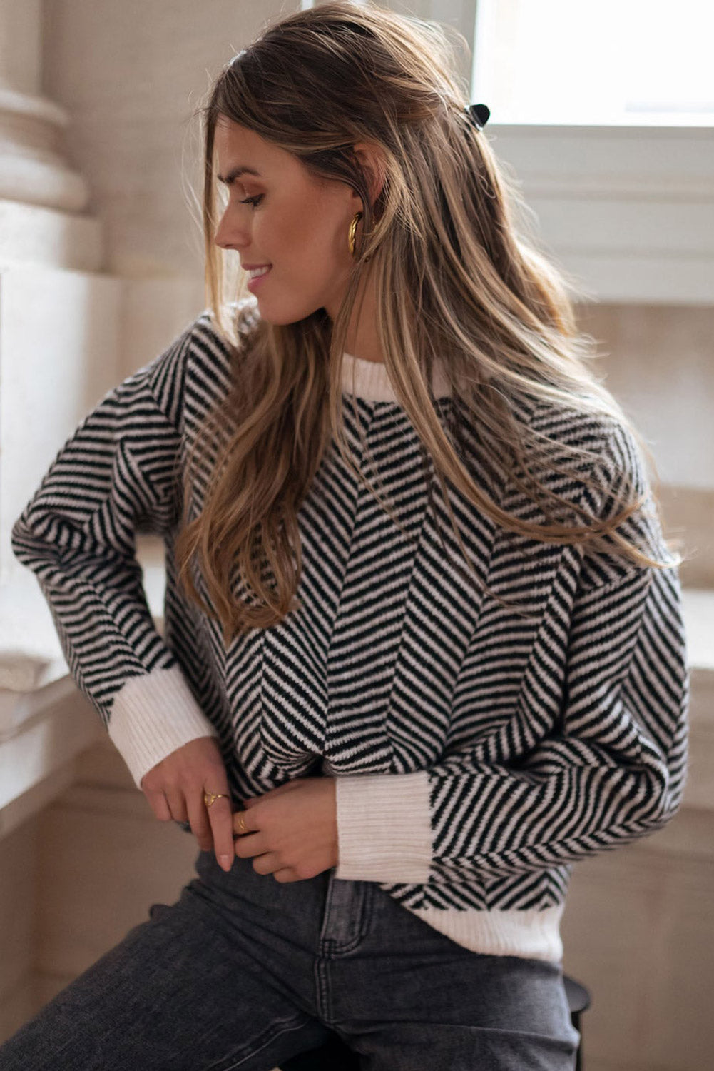 Coffee Contrast Edge Crew Neck Drop Shoulder Sweater