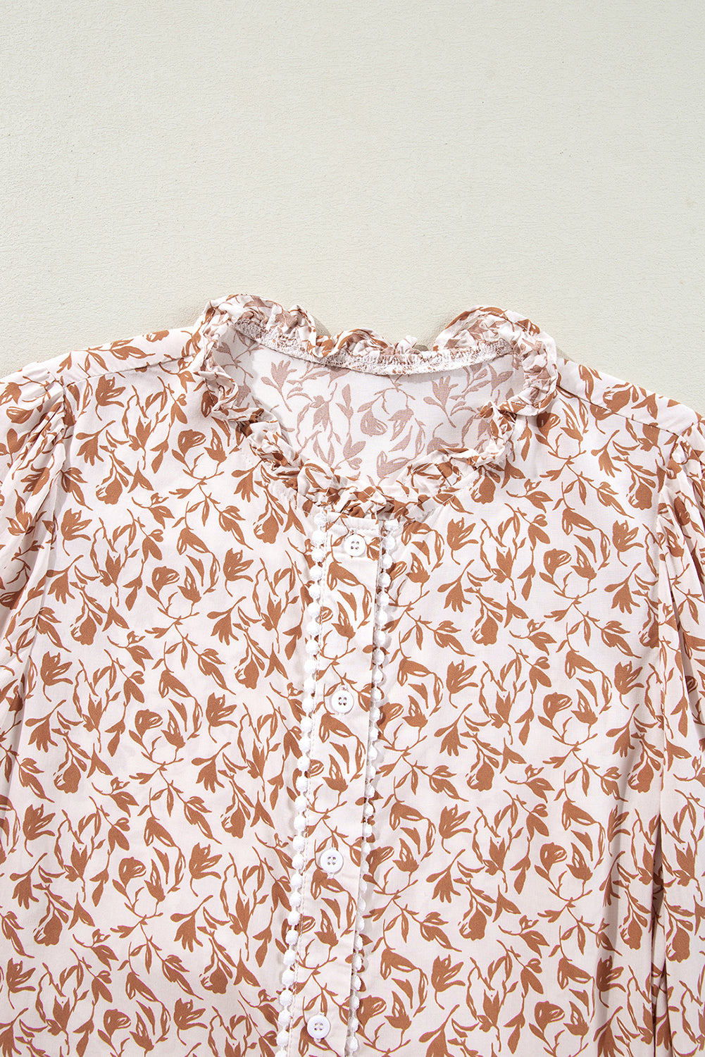 Green Printed Lace Detail Floral Puff Sleeve Fall Shirt