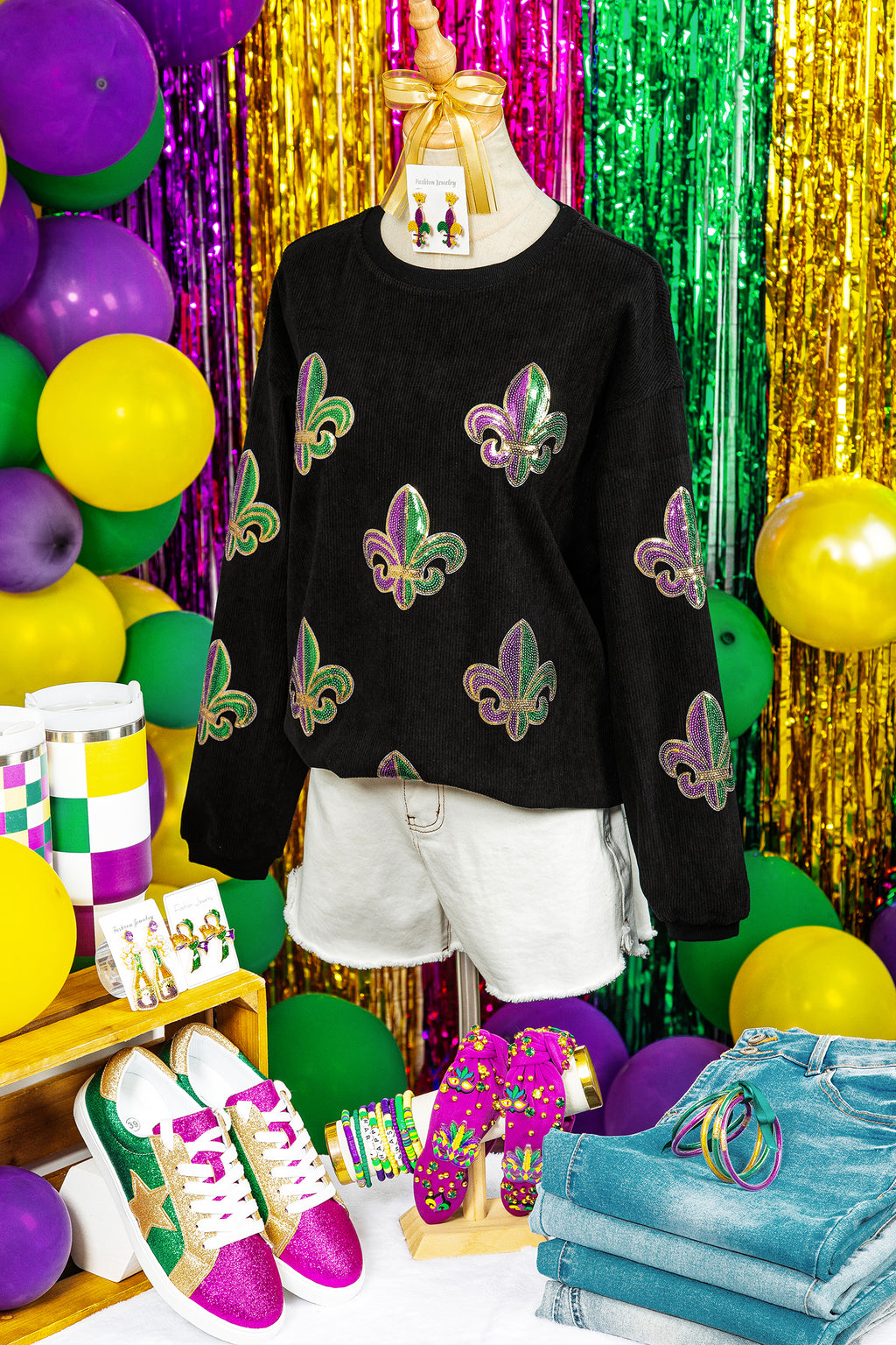 Black Corded Ribbed Sequin Fleur De Lis Graphic Pullover Sweatshirt