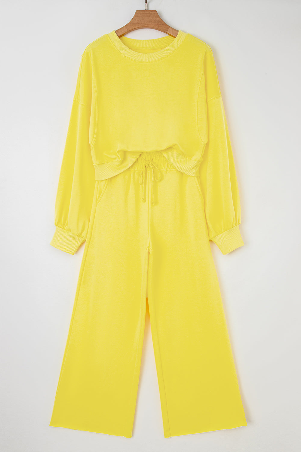 Bright Green Drop Shoulder Puff Sleeve Crop Pullover Drawstring Wide Leg Pants Set