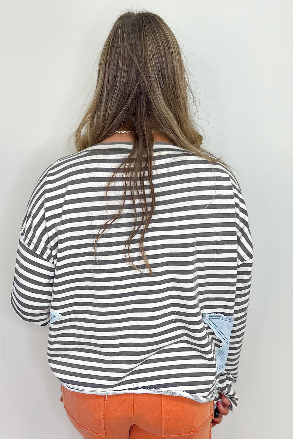 Gray Stripe Contrast Star Stitched Plus Size Long Sleeve Top