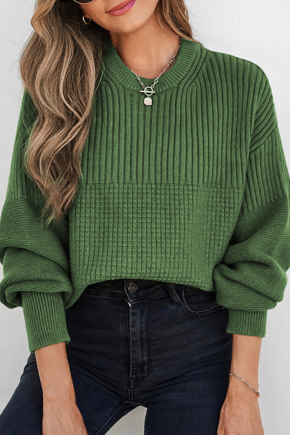 Vineyard Green Solid Color Mixed Textured Knitted Crew Neck Sweater