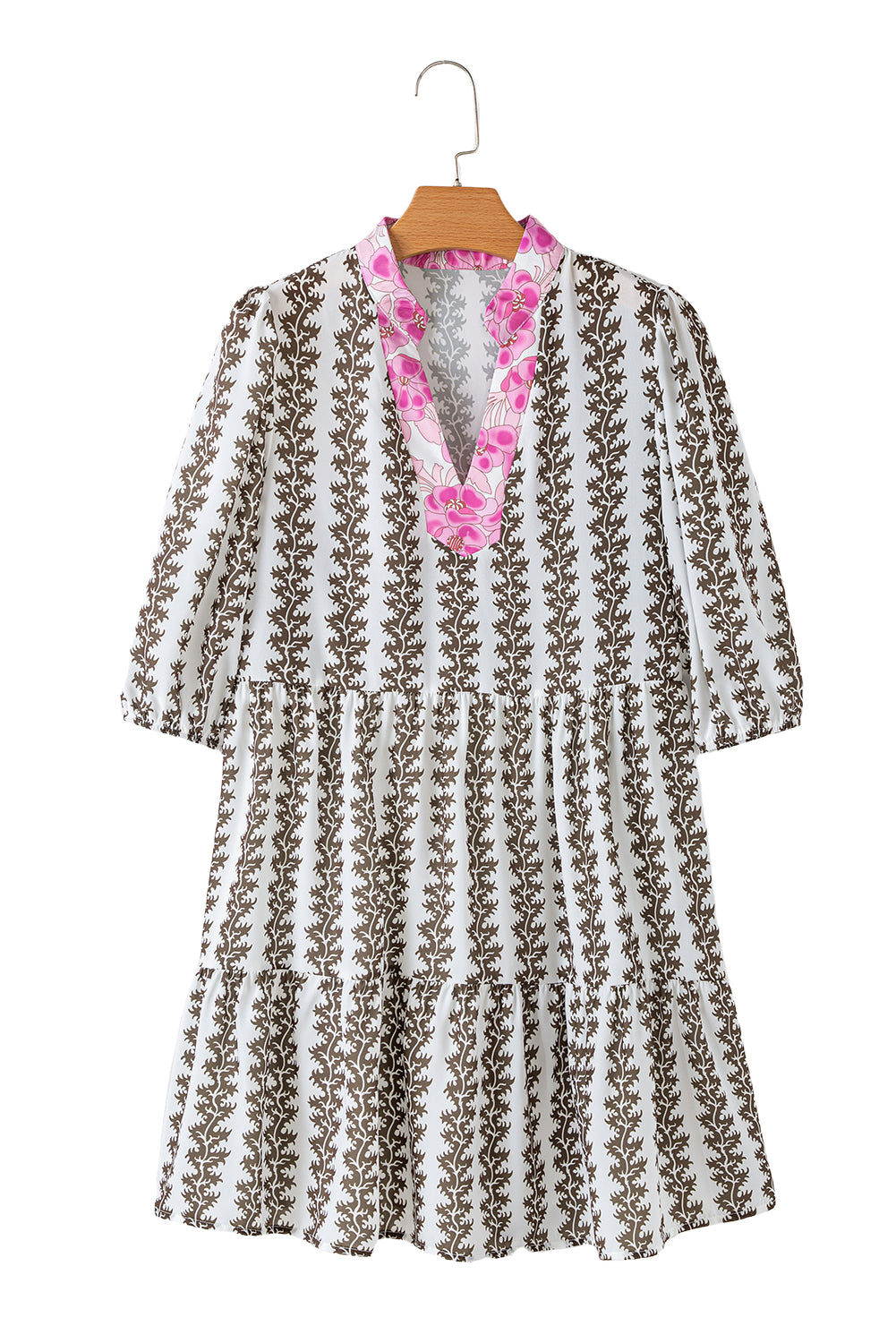 Black Contrast Floral V Neck Printed Bracelet Sleeve Dress