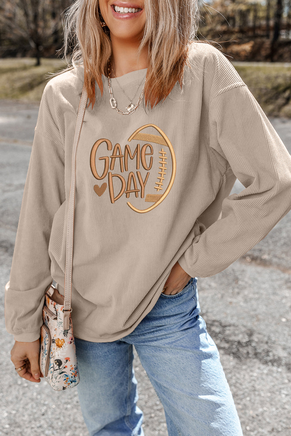 Apricot Rugby Game Day Embroidered Corduroy Sweatshirt