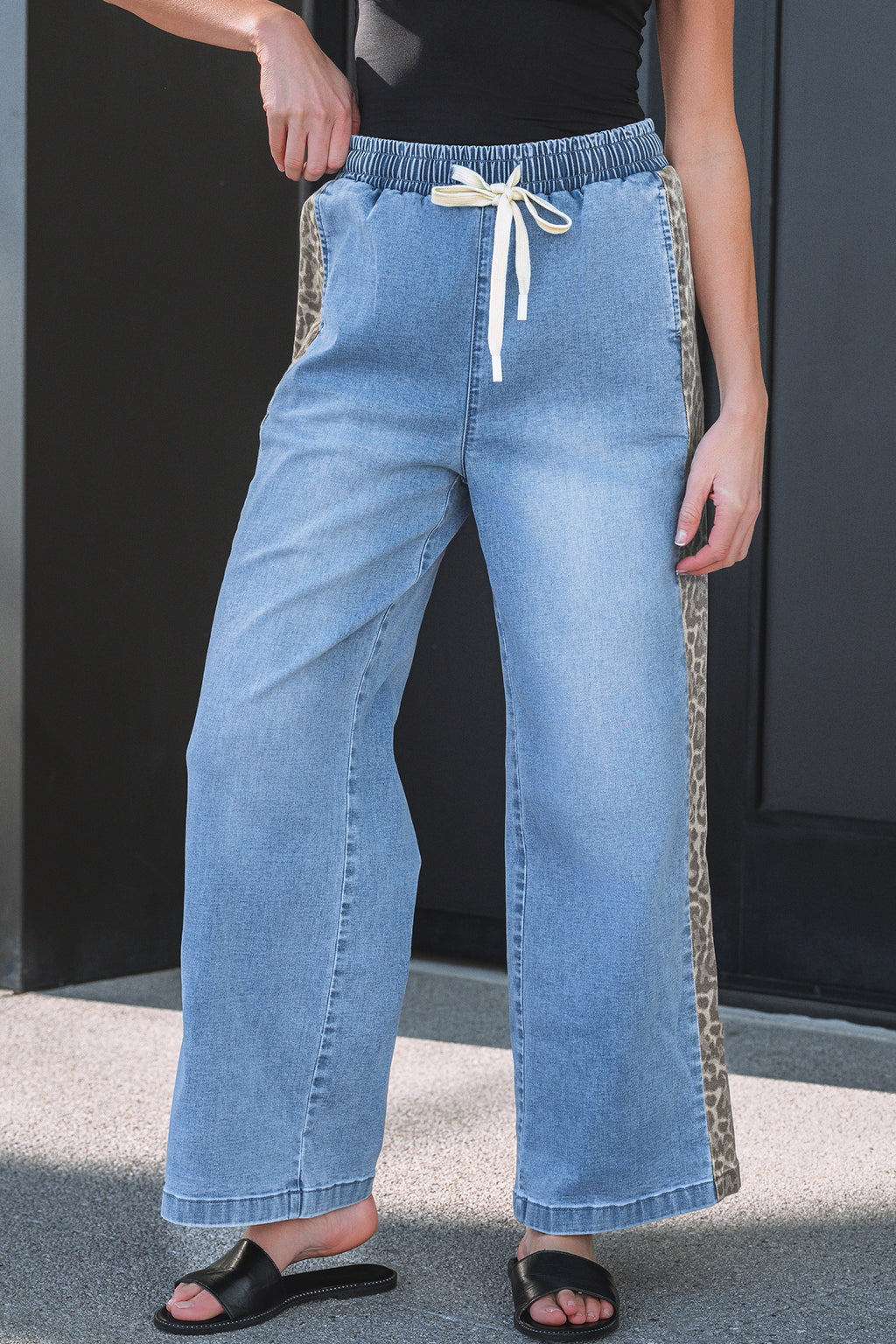 Beau Blue Drawstring Elastic Waist Leopard Striped Side Panel Wide Leg Jeans
