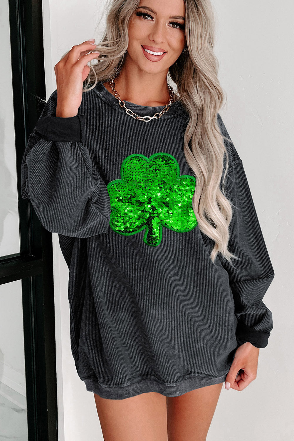 Green Sequin St Patrick Disco Ball Patch Corded Sweatshirt