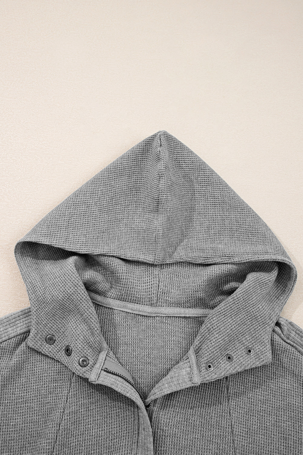 Burgundy Waffle Splicing Zip Up Front Button Hooded Jacket