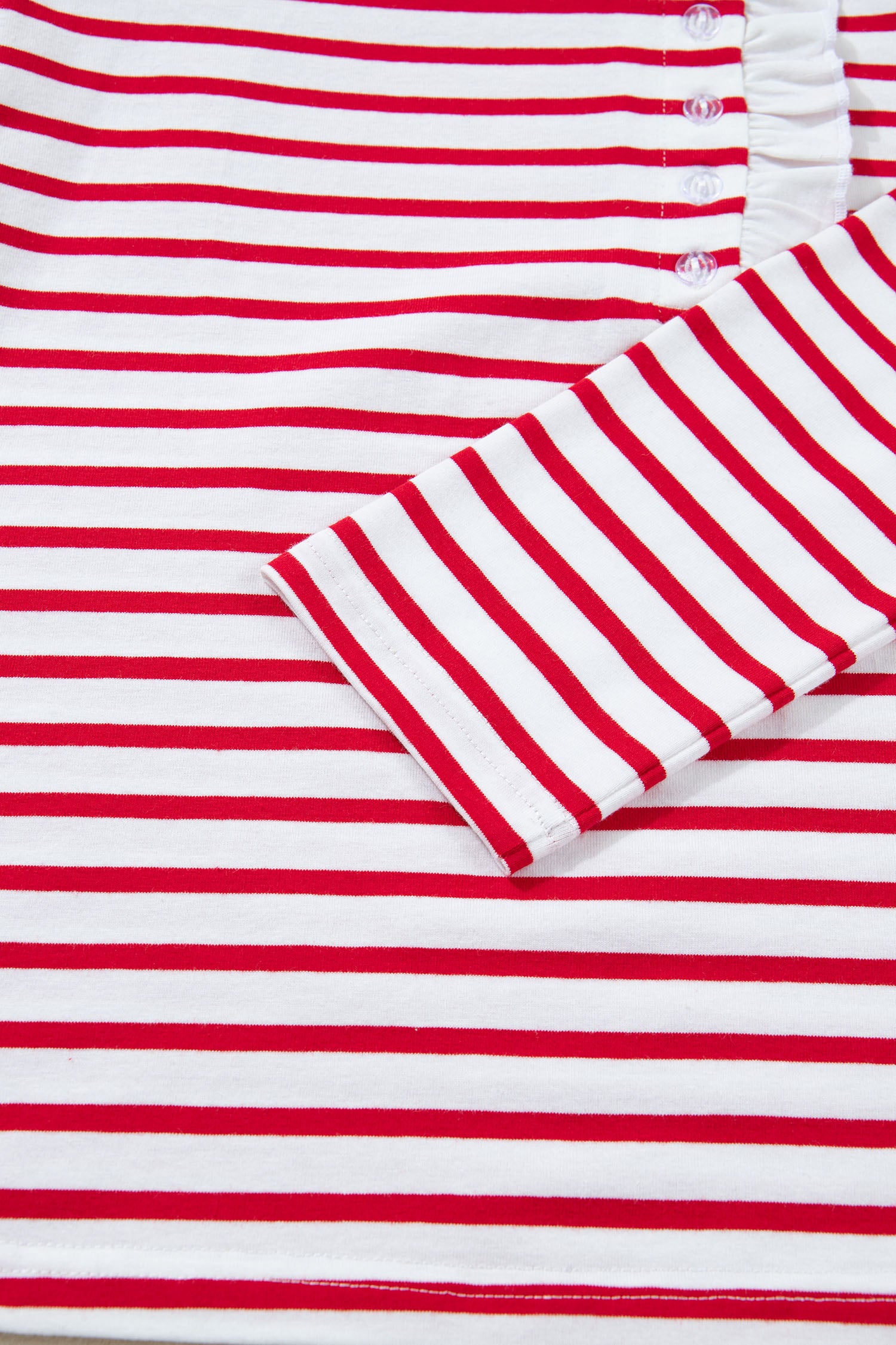Red Stripe Contrast Frilled Trim Half Button Long Sleeve Top