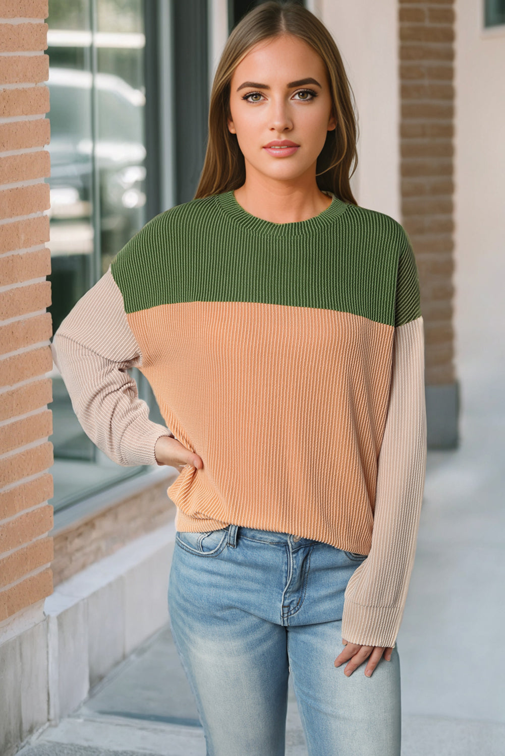 Pale Chestnut Color Block Corded Long Sleeve Top