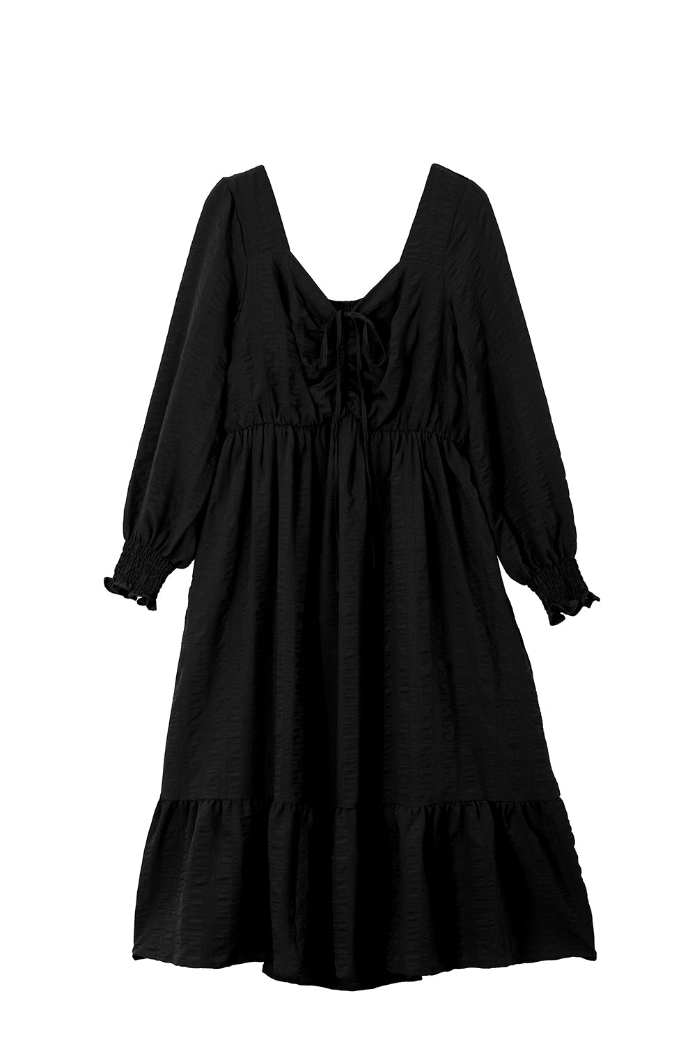 Black Lace-up Ruched Front Long Sleeve Ruffle Hem Plus Size Midi Dress
