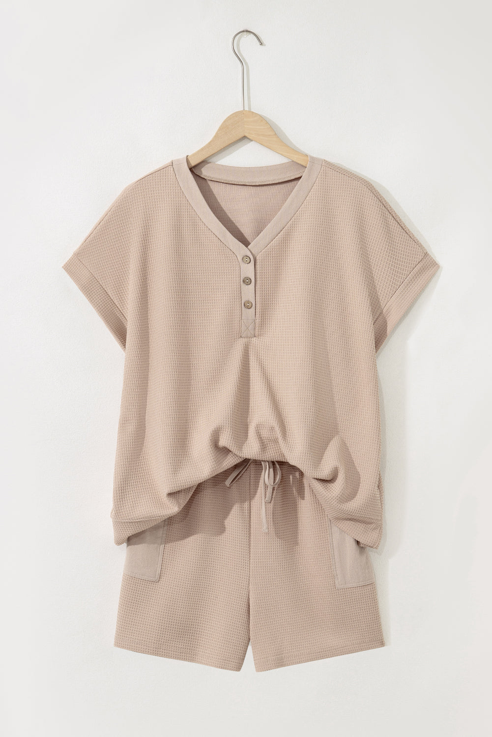 Parchment Waffle Short Sleeve Henley Top Drawstring Shorts Plus Size Set