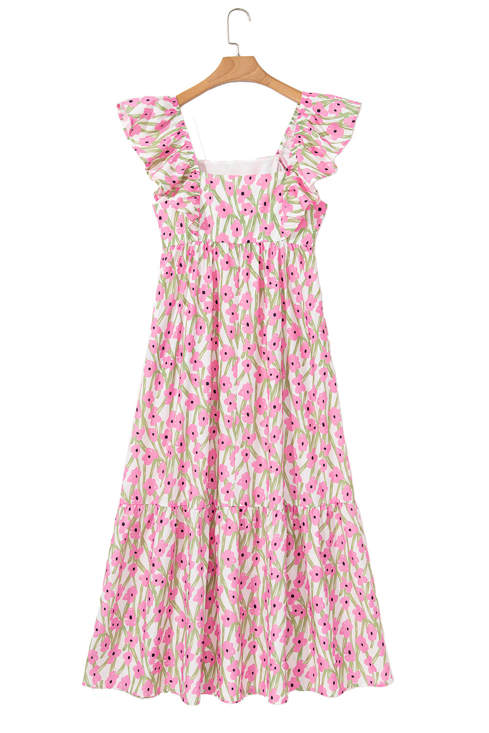 Blue Floral Print Square Neck Ruffled Strap Maxi Dress