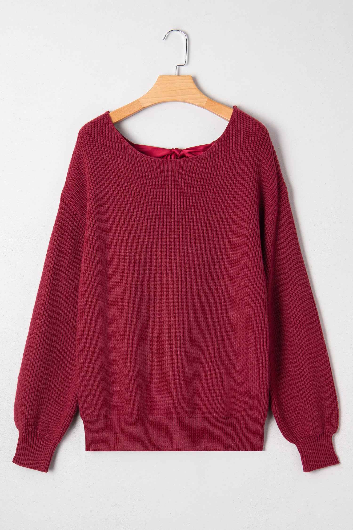 Black Ribbed Knit Ribbon Knot Backless Drop Shoulder Sweater