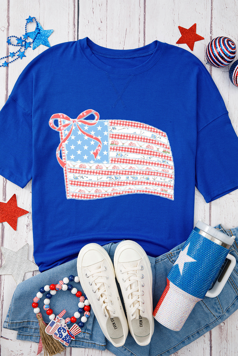Dark Blue Bowknot Floral American Flag Print Side Slit 4th July T Shirt