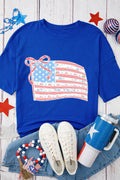 Dark Blue Bowknot Floral American Flag Print Side Slit 4th July T Shirt